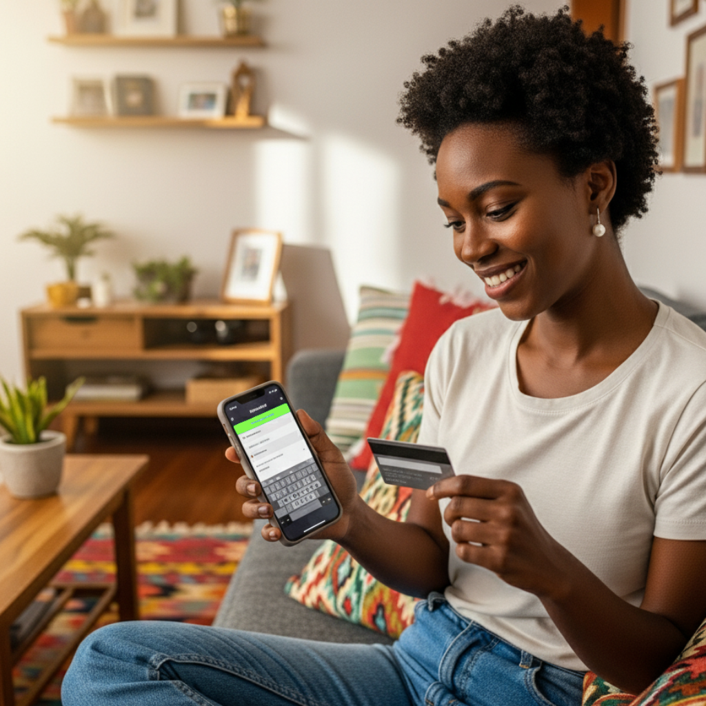 Mujer elegante sentada en un sofá moderno, sonriendo al mirar su celular